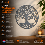 GSArt Wanddecoratie Levensboom Rond 24 cm &ndash; Muurdecoratie Tree of Life &ndash; 3D Geprint - Mat Asgrijs