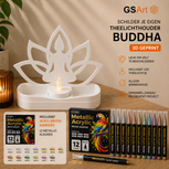GSArt Schilder je eigen Theelichthouder Buddha &ndash; Inclusief 12 Metallic Acryl Brush Markers &amp; LED