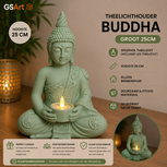 GSArt Theelichthouder Buddha Groot 25 cm &ndash; Boeddha Beeld met LED Theelichtje - Bamboegroen