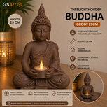 GSArt Theelichthouder Buddha Groot 25 cm &ndash; Boeddha Beeld met LED Theelichtje - Chocoladebruin