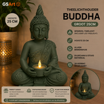 GSArt Theelichthouder Buddha Groot 25 cm &ndash; Boeddha Beeld met LED Theelichtje - Mat Donkergroen