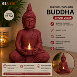 GSArt Theelichthouder Buddha Groot 25 cm &ndash; Boeddha Beeld met LED Theelichtje - Mat Donkerrood