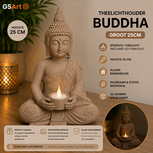GSArt Theelichthouder Buddha Groot 25 cm &ndash; Boeddha Beeld met LED Theelichtje - Mat Lattebruin