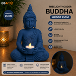 GSArt Theelichthouder Buddha Groot 25 cm &ndash; Boeddha Beeld met LED Theelichtje - Mat Marineblauw