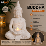 GSArt Theelichthouder Buddha Groot 25 cm &ndash; Boeddha Beeld met LED Theelichtje - Mat Wit