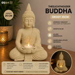 GSArt Theelichthouder Buddha Groot 25 cm &ndash; Boeddha Beeld met LED Theelichtje - Mat Woestijnbeige