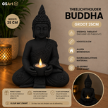 GSArt Theelichthouder Buddha Groot 25 cm &ndash; Boeddha Beeld met LED Theelichtje - Mat Zwart