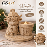 GSArt Theelichthouder Schotse Hooglander Winter &ndash; inclusief LED-kaarsje - Mat Lattebruin