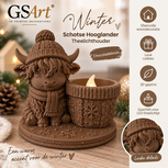 GSArt Theelichthouder Schotse Hooglander Winter &ndash; inclusief LED-kaarsje - Chocolade bruin
