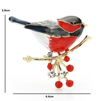 Brooch bird on branch red