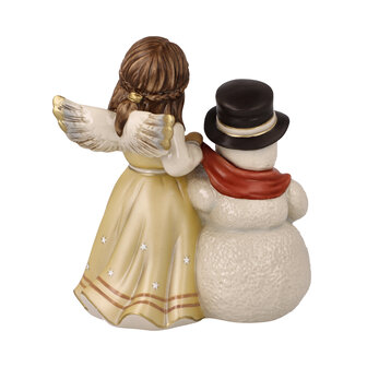 Goebel - Kerst | Decoratief beeld Sneeuwpop met Engel Gezellige winteravond | Aardewerk - 14cm