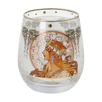 Goebel - Alphonse Mucha | Windlicht / Theelicht Sterrenbeeld | Glas - 9cm - waxinelicht houder - met echt goud