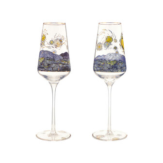 Goebel - Vincent Van Gogh | Coffret de 2 verres &agrave; champagne &laquo; La Nuit &eacute;toil&eacute;e &raquo; | Verre - 23 cm - avec de v&eacute;ritables dorures - 100 ml