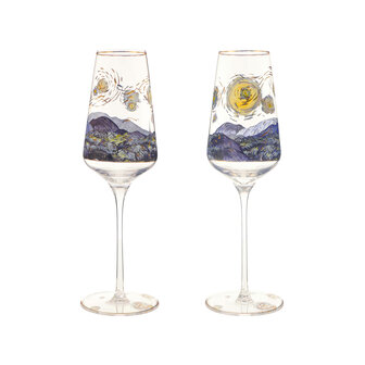 Goebel - Vincent Van Gogh | Coffret de 2 verres &agrave; champagne &laquo; La Nuit &eacute;toil&eacute;e &raquo; | Verre - 23 cm - avec de v&eacute;ritables dorures - 100 ml
