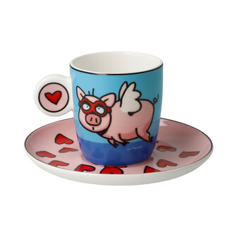 Goebel - Ed Heck | Kop en schotel Espresso When Pigs Fly | Porselein - 12cm - 100ml - 2 stuks
