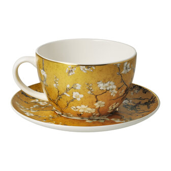Goebel - Vincent van Gogh | Kop en schotel Amandelboom goud | Porselein - 15cm - 250ml - met echt goud - cappuccino