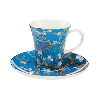 Goebel - Vincent van Gogh | Kop en schotel Espresso Amandelboom blauw | Porselein - 12cm - 100ml - met echt goud - 2 stuks