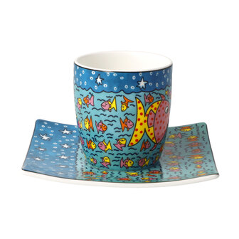 Goebel - James Rizzi | Kop en schotel Espresso Family of Fish | Porselein - 10cm - 100ml - 2 stuks