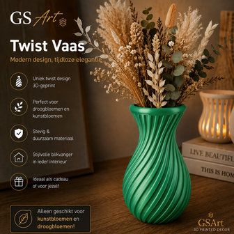 GSArt Twist Vaas 20 cm &ndash; Waterdichte 3D Geprinte Design Vaas - Zijde Candy groen