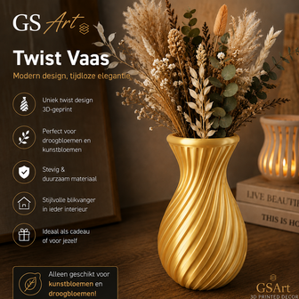 GSArt Vase Twist 20 cm &ndash; Vase Design Imprim&eacute; en 3D et &Eacute;tanche - Zijde Goud
