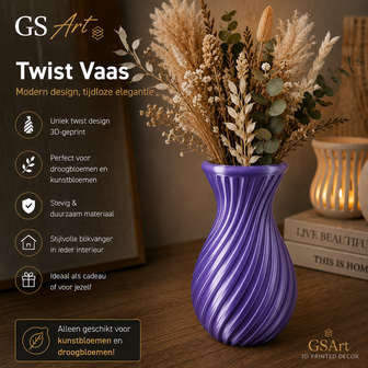 GSArt Twist Vaas 20 cm &ndash; Waterdichte 3D Geprinte Design Vaas - Zijde Paars