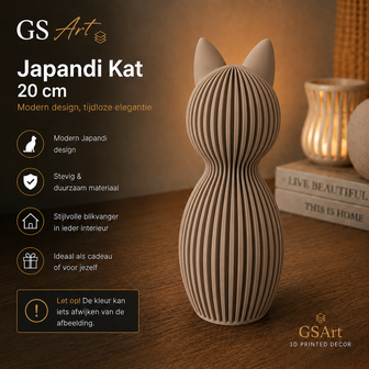 GSArt Japandi Kat 20 cm &ndash; Modern 3D Geprint Decoratiebeeld - Mat Latte bruin