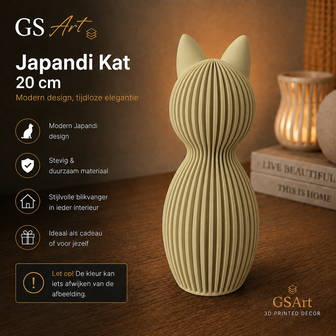 GSArt Japandi Kat 20 cm &ndash; Modern 3D Geprint Decoratiebeeld - Mat Woestijnbeige