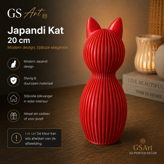 GSArt Japandi Kat 20 cm &ndash; Modern 3D Geprint Decoratiebeeld - Zijde Candy red