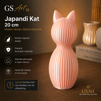 GSArt Japandi Kat 20 cm &ndash; Modern 3D Geprint Decoratiebeeld - Zijde Roze