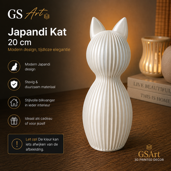 GSArt Japandi Kat 20 cm &ndash; Modern 3D Geprint Decoratiebeeld - Zijde Wit