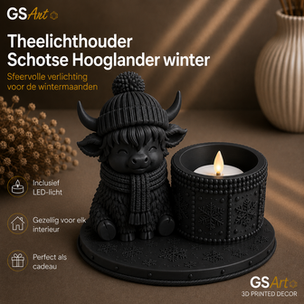 GSArt Tealight Holder Winter Highland Cow &ndash; Including LED Tealight - Mat Zwart