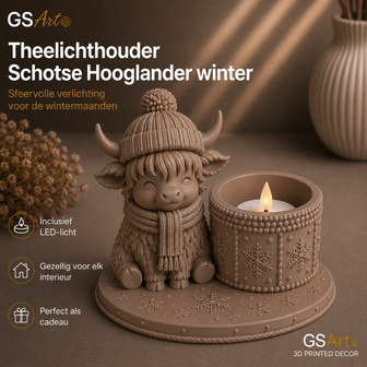GSArt Teelichthalter Schottisches Hochlandrind Winter &ndash; inkl. LED-Teelicht - Mat Lattebruin