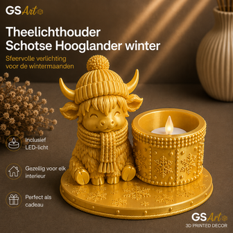 GSArt Teelichthalter Schottisches Hochlandrind Winter &ndash; inkl. LED-Teelicht - Zijde Goud