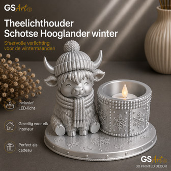 GSArt Teelichthalter Schottisches Hochlandrind Winter &ndash; inkl. LED-Teelicht - Zijde Zilver