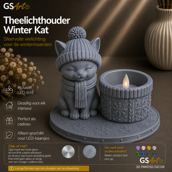 GSArt Theelichthouder Winter Kat &ndash; Inclusief LED-kaarsje - Mat Asgrijs