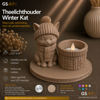 GSArt Theelichthouder Winter Kat &ndash; Inclusief LED-kaarsje - Mat Lattebruin