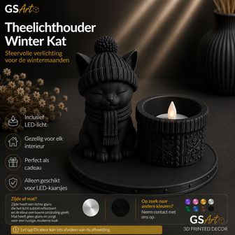 GSArt Theelichthouder Winter Kat &ndash; Inclusief LED-kaarsje - Mat Zwart