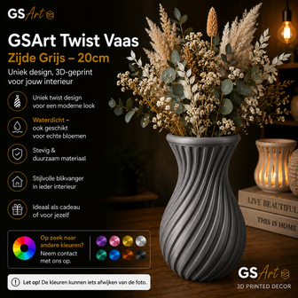 GSArt Vase Twist 20 cm &ndash; Vase Design Imprim&eacute; en 3D et &Eacute;tanche - Zijde Grijs