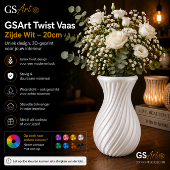 GSArt Twist Vase 20 cm &ndash; Waterproof 3D Printed Designer Vase - Zijde Wit