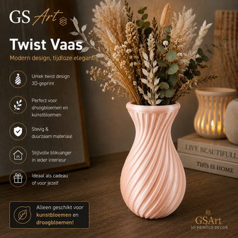 GSArt Vase Twist 20 cm &ndash; Vase Design Imprim&eacute; en 3D et &Eacute;tanche - Zijde Roze