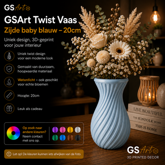 GSArt Twist Vaas 20 cm &ndash; Waterdichte 3D Geprinte Design Vaas - Zijde Baby blauw