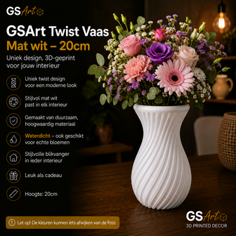 GSArt Twist Vase 20 cm &ndash; Wasserdichte 3D-gedruckte Design Vase