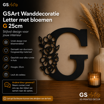 GSArt Wanddecoratie Letter met Bloemen &ndash; 25 cm - G