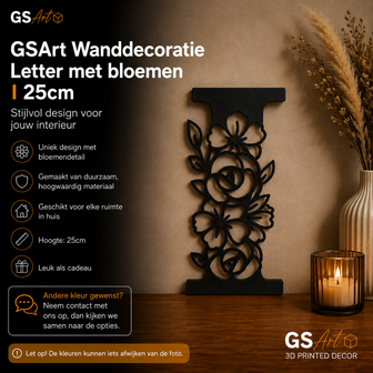 GSArt Wanddecoratie Letter met Bloemen &ndash; 25 cm - I