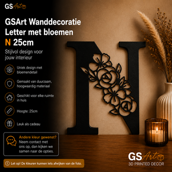 GSArt Wanddecoratie Letter met Bloemen &ndash; 25 cm - N