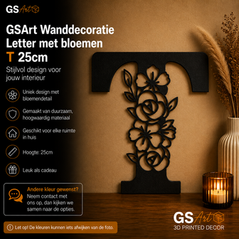 GSArt Wanddecoratie Letter met Bloemen &ndash; 25 cm - T