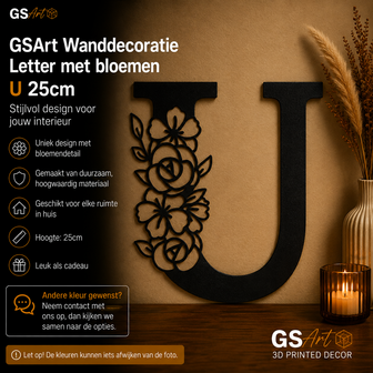 GSArt Wanddecoratie Letter met Bloemen &ndash; 25 cm - U