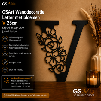 GSArt Wanddecoratie Letter met Bloemen &ndash; 25 cm - V