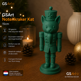 GSArt Nussknacker Katze 15cm &ndash; 3D-gedruckte Weihnachtsdeko - Maretak Groen