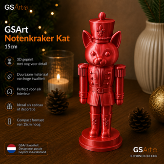 GSArt Notenkraker Kat 15cm &ndash; 3D-geprinte kerstdecoratie - Zijde Rood